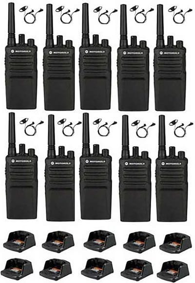 Set van 10 Motorola XT420 UHF IP55 PMR446 met laders en D-shape oortje M1 2-Pins