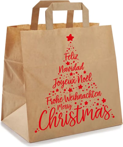 5 x Kerst Draagtassen Van Kraftpapier Met Platte Oren " Xmas Red" Take Away 26x17x25cm/ Kersttassen/ Kersttasjes / Kerst verpakking