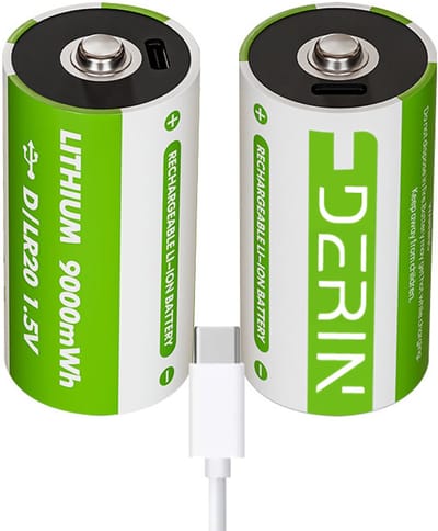 Derin D-type (LR20) USB-C oplaadbare batterij, 2-pack (9000 mWh) Snelladen met kabel