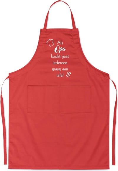 mijncadeautje - luxe schort - rood - Als papa kookt, gaat iedereen graag aan tafel - opdruk wit