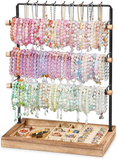 Houten armbandhouder met 4 etages, stijlvolle standaard voor armbanden en horloges, praktische opslagoplossing voor thuis en in de winkel