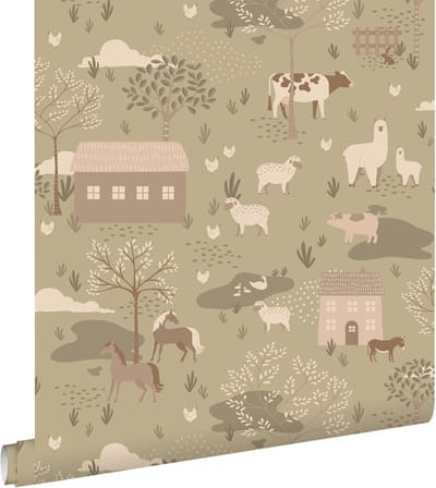 ESTAhome behang boerderij dieren vergrijsd groen - 50 x 900 cm - 131736