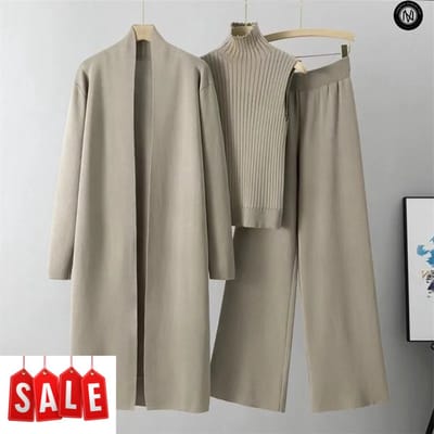 Verkoop Nederland® - 2024 - Nieuwe Herfst - 3 Stuks - Dames Vest - Mode - Gebreide Broek - Set Winter - Dames Effen Huis Pak - Vintage Mode - Khaki - Maat XXL(46)