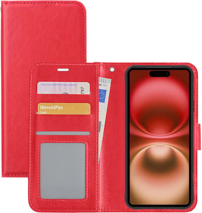 Hoesje - Met Pasjeshouder - Geschikt voor Apple iPhone 16 - Luxe Bookcase Portemonee - Flip Case - Kunstleer Book Case - Flipcase - Book Cover - Walletcase - Portemonneehoes - Rood