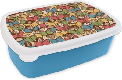 Broodtrommel Blauw - Lunchbox - Brooddoos - Patronen - Boek - Kinderen - Jongens - Lezen - Kids - Jongetje - 18x12x6 cm - Kinderen - Jongen