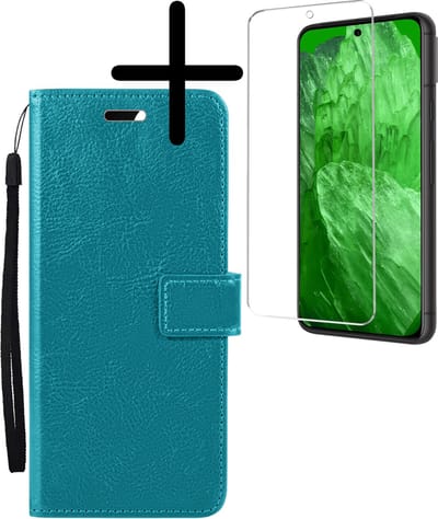 Hoesje Met Screenprotector - Geschikt voor Google Pixel 8a - Luxe Pasjeshouder - Bookcase Portemonee - Flip Case - Kunstleer Book Case - Flipcase - Book Cover - Walletcase - Portemonneehoes - Turquoise
