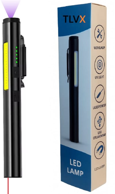 TLVX Sterke Aluminium Laser LED Zaklamp Oplaadbaar 4-in-1 – UV lamp – Werklamp – Presentatie Laserpen – LED Auto Looplamp – Rode Laser straal aanwijs pen – Magnetische Clip – Dimbaar – Magneet Accu Nood zaklamp – Worklight – Garage lamp – Waterdicht
