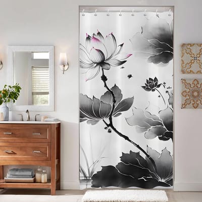 Famanu – Smal douchegordijn 120 x 180 cm – moderne lotus kunstprint grijs, waterdicht + 8 haken