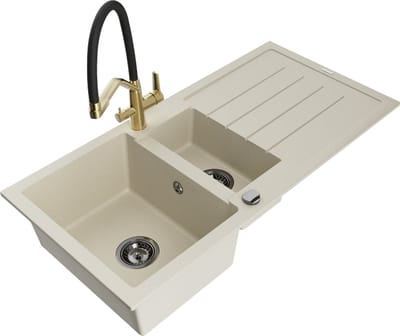 Mexen Andres granieten gootsteen 1,5-komers met druiprek en keukenkraan Duo, beige - 6515-69-671701-57-B