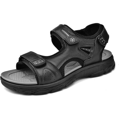 Sandales pour hommes en cuir véritable chaussures de plage nouvelles sandales de sport d'été décontractées respirantes antidérapantes à fond souple pour hommes en plein air 42 black