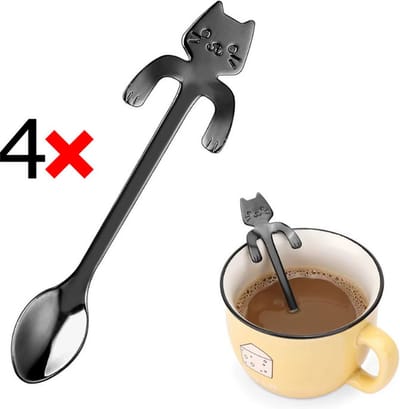 Actie4you® - Theelepels Hangende Kat - Katten Koffielepel - RVS – Zwart – 4 Stuks