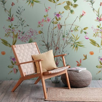 Fotobehang Profhome 398811-GU vliesbehang hardvinyl warmdruk in reliëf glad met bloemen patroon mat blauw groen roze oranje 1,59 m x 2,8 m