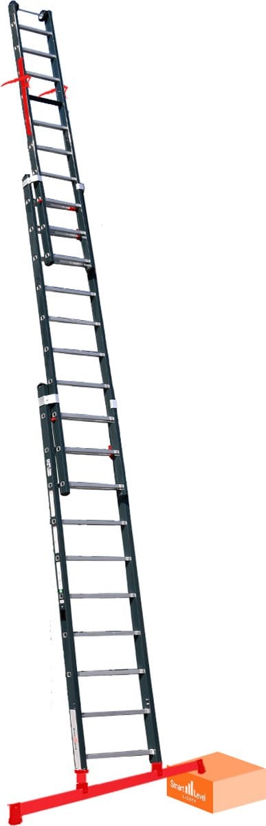 Premium | Schuifladder met Levelingssysteem en Top Safe Systeem | 3 delig | 3x8 treden | Gecoat | Top Safe Systeem | Leveling System | Aluminium | Anti slip | EN 131-1 + 2, NEN 2484, TÜV en GS gecertificeerd
