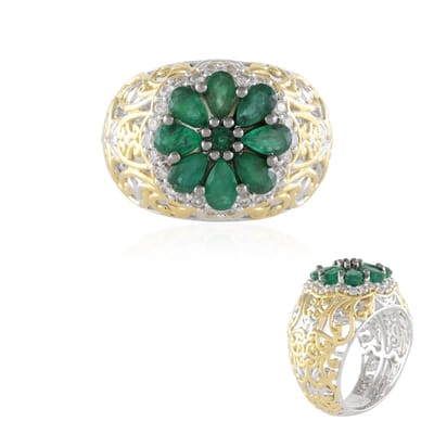 Cavill - 925 Sterling Zilver Ring met 2,111 ct Zambia Smaragd - Palladium Verguld - Filigraan Bloemmotief met Zirkonen - Elegante Damesring