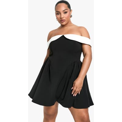 boohoo Dames Plus Contrast Off-shoulder geplooide skaterjurk | Zwart | Maat: 44