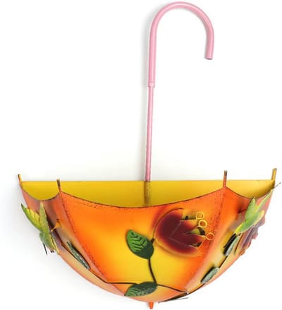 Ulisem - Paraplu muurplantenbak - Boerderijstijl antiek retro - Geel - 36x30x14 cm - Zonder boren te monteren - Weerbestendig gecoat ijzer - Met afvoergaten - Handgeschilderd bloemmotief - Voor binnen en buiten - Cadeau voor tuinliefhebbers