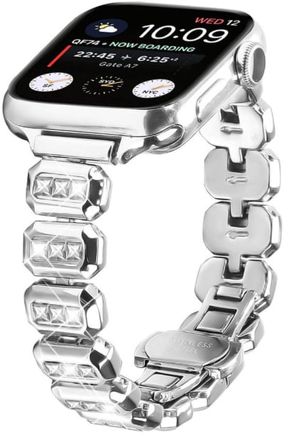 RVS bandje met glittersteentjes - geschikt voor Apple Watch 1/2/3/4/5/6/7/8/9/10/11/ SE (1,2,3) met maat 38 mm / 40 mm / 41 mm en 42 mm (Watch 10/11) - stalen band met vlindersluiting - zilver