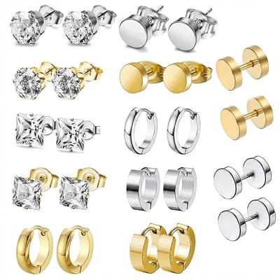 12 paar Zilverkleurige en goudkleurige oorbellen set voor heren – oorringen en oorstekers met ronde en vierkante stenen – moderne metalen oorbellen set in diverse stijlen