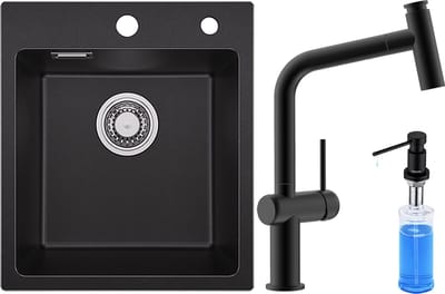 SOFETIY MAX Granieten Spoelbak 40x45CM - Spoelbakken Keuken Zwart - Enkele Spoelbakken Met Keukenkraan met Uittrekbare uitloop en Zeepdispenser 300ML - Spoelbakken Incl. Sifon en Afvoerzeefje
