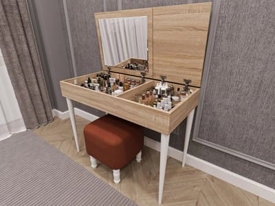 Kaptafel met Spiegel – Make-up Tafel in Houtkleur – 100×80×50 cm – Opklapbare Spiegel & Opbergruimte