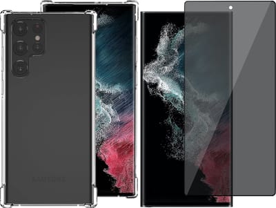 Hoesje geschikt voor Samsung Galaxy S22 Ultra - Anti Shock Proof Siliconen Back Cover Case Hoes Transparant - Tempered Glass Privacy Screenprotector