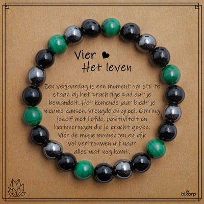 Bixorp Malachiet + Onyx + Hematiet Armband op Cadeau Kaartje - Vier het Leven - 8mm / 18cm Edelsteen Kralenarmband - Inclusief Cadeau Envelop