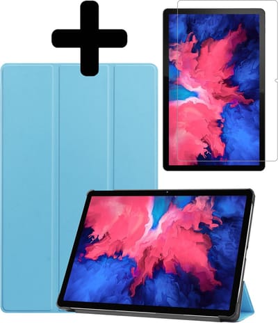 Hoes - Geschikt voor Lenovo Tab P11 Plus - Met Screenprotector - Trifold Bookcase - Hard Cover - Hardcover Book Case - Tablet Hoesje - Lichtblauw