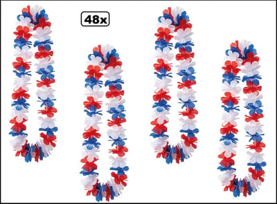 48x Hawai slinger rood/wit/blauw - bloemenkrans - Holland WK Voetbal thema feest hawaii krans Frankrijk
