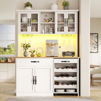 PHOEBE CAT Keukenkasten - Dressoir - Inclusief dienwagen - LED-verlichting - Wijnrek - Wit + Naturel