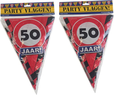 Leeftijd feestartikelen vlaggenlijn slinger - 2x - 50 jaar - 10 meter - vlaggetjes - verjaardag