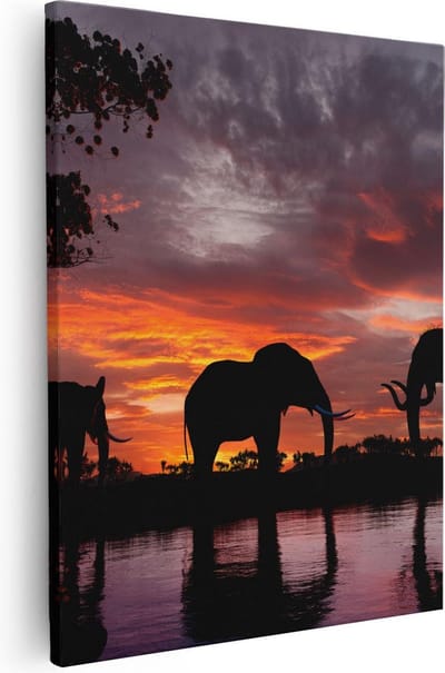 Artaza Canvas Schilderij Zonsondergang - 40x50 cm - Wanddecoratie Olifant - Muurdecoratie Afrikaans - Kamer Accessoires