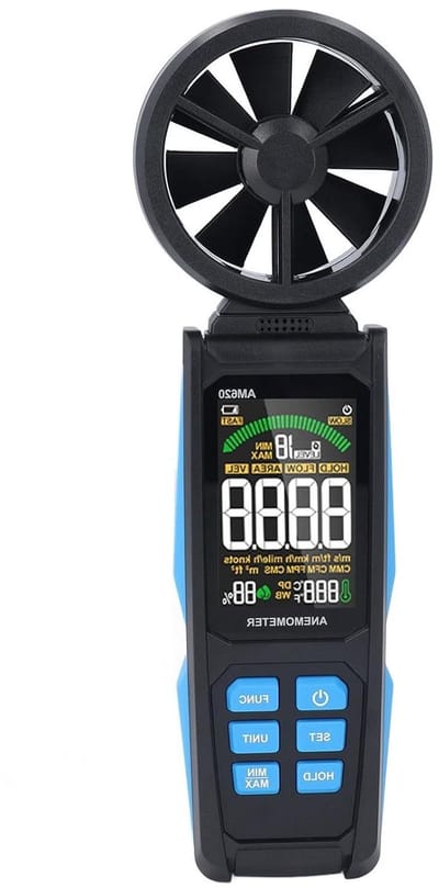 Digitale Anemometer - Windsnelheidsmeter Luchtsnelheid - Meteorologie Meten - Erosiebestendig Materiaal - 6 Meet Eenheden - Zwart