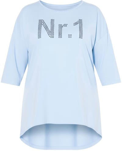Angel of Style - Dames - Longshirt oversized "No. 1"-motief van siersteentjes - Zacht lichtblauw - Maat 46+