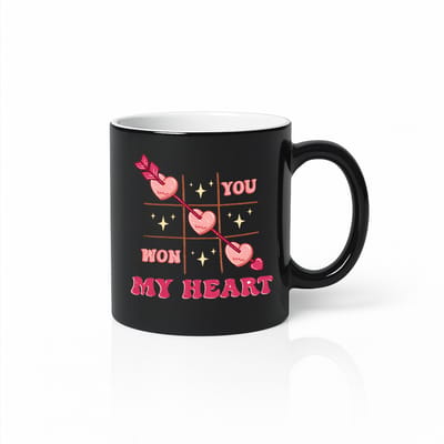 You Won My Heart Black Magic Mok 330ml – Zwarte Koffiemok met Pijl & Hartjes Ontwerp – Romantisch Valentijnscadeau