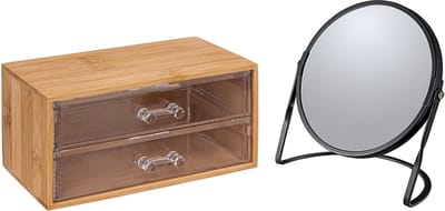 5Five Make-up organizer en spiegel set - 2 lades - bamboe/kunststof - 5x zoom spiegel
