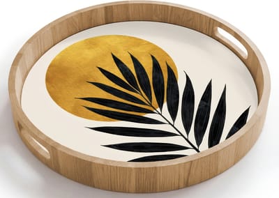 Dienblad rond 40x40 cm - Schootdienblad hout - Zwart palmblad - Gouden cirkel - Beige achtergrond - Borrelplank rechthoek - Plateau houten dienbladen