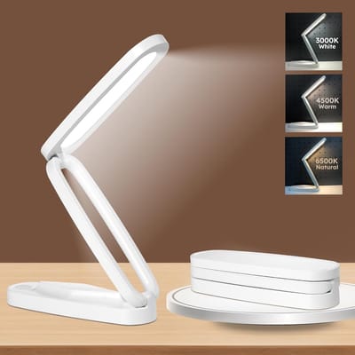 ZVD Wit oplaadbare bureaulamp – Compacte, draadloze LED-leeslamp op batterijen voor kantoor en thuis; opvouwbaar en draagbaar, dimbaar met 3 kleurtemperaturen en instelbare helderheid.