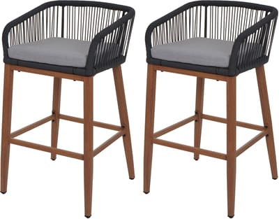 Set van 2 Touw barkrukken MCW-O22, buiten zitkussen touw vlechtwerk metaal hout-look ~ antraciet, kussen lichtgrijs