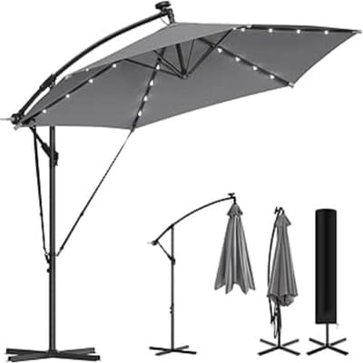 Zweefparasol 300 cm met LED Verlichting op Zonne-energie – 360° Draaibare Hangparasol, Kantelbaar en UPF 50+ UV Bescherming – Luxe Terrasparasol met Voet en Hoes – Nicolehome