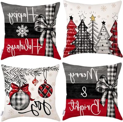 Kerstkussenslopen set van 4, 45 x 45 cm, met kerstboom en sneeuwvlokken, ideale kerstdecoratie voor woonkamer en slaapkamer
