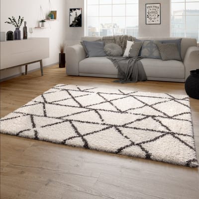 Paco Home Hoogpolig Vloerkleed Woonkamer Shaggy Langpolig Scandinavisch Ruiten Patroon 120x160 cm
