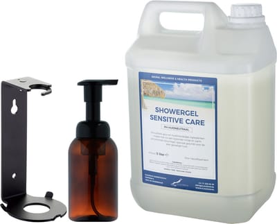 Zeepdispenser 300 ml amber bruin hervulbaar + 5 liter Showergel Sensitive Care navulling (inclusief beugel)