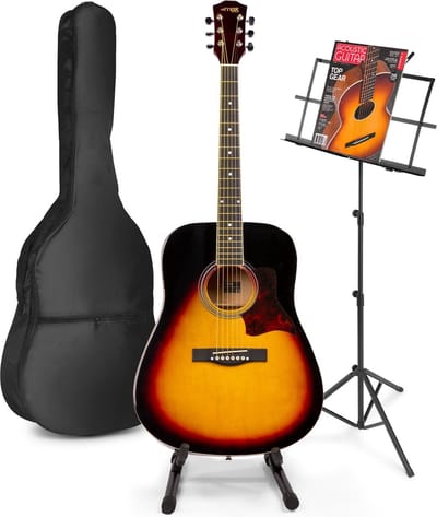 Akoestische gitaar voor beginners - MAX SoloJam Western gitaar 4/4 - Incl. gitaar standaard, muziekstandaard, gitaar stemapparaat, gitaartas en 2x plectrum - Sunburst