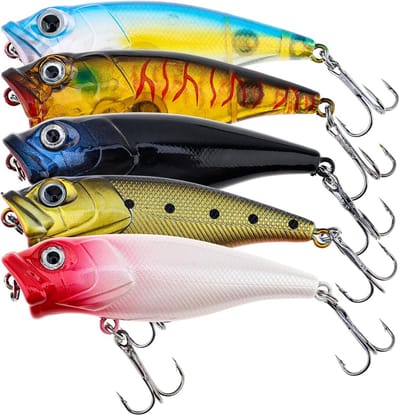 5-delige Set Topwater Popper Hengellures - Kleurrijk Kunstaas met 3D Ogen