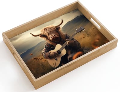 Dienblad hout 40x30 cm - Schootdienblad - Schotse hooglander - Gitaar - Bloemen - Bergen - Borrelplank rechthoek - Plateau dienbladen