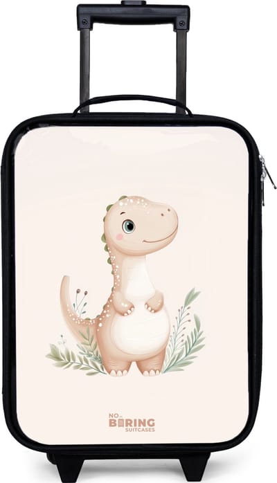 NoBoringSuitcases.com® - Kinderkoffer jongen - Kindertrolley meisje - Beige dinosaurus met groene blaadjes - Koffer kind lichtgewicht - Reiskoffer trolley voor kinderen - Koffertje met lichtgevende wieltjes - Rolkoffer zwart