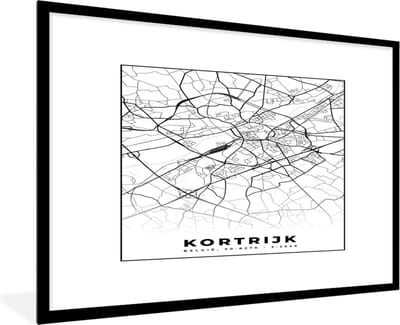Fotolijst incl. Poster Zwart Wit- Stadskaart – Zwart Wit - Kaart – Kortrijk – België – Plattegrond - 120x80 cm - Posterlijst