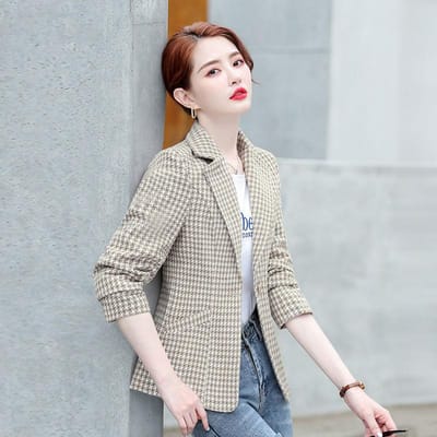 Veste à carreaux à manches longues pour femme, Veste de costume boutonnée, Automne, Tempérament, Mode décontractée, Petit costume XXXXL beige