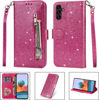 Portemonnee Hoesje - Wallet Case - Rits Sparkly Glitter - Telefoonhoes met Kord Geschikt voor: Samsung Galaxy S23 - Roze