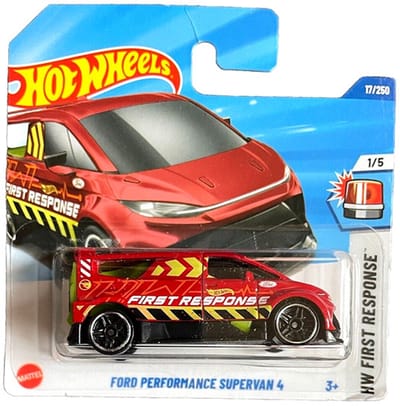 HOT WHEELS FORD PERFORMANCE SUPERVAN 4 BUS 17/250 RESQUE RED 1:64 17/250 HW FIRST RESPONSE 1/5 SHORT CARD